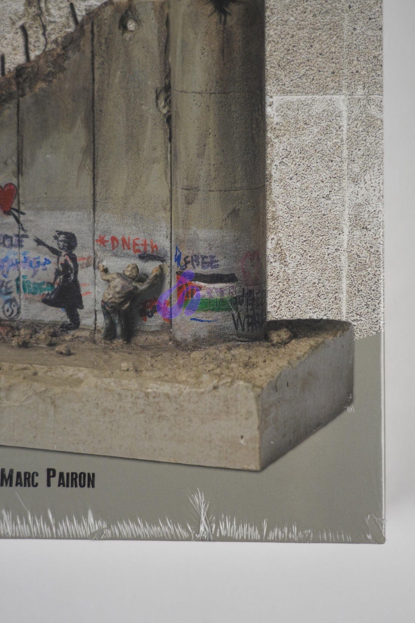 Detailed close-up of the corner of the front cover of "Banksy: The Walled Off Art Editions Are Sold Out" showcasing the artwork on the front cover.